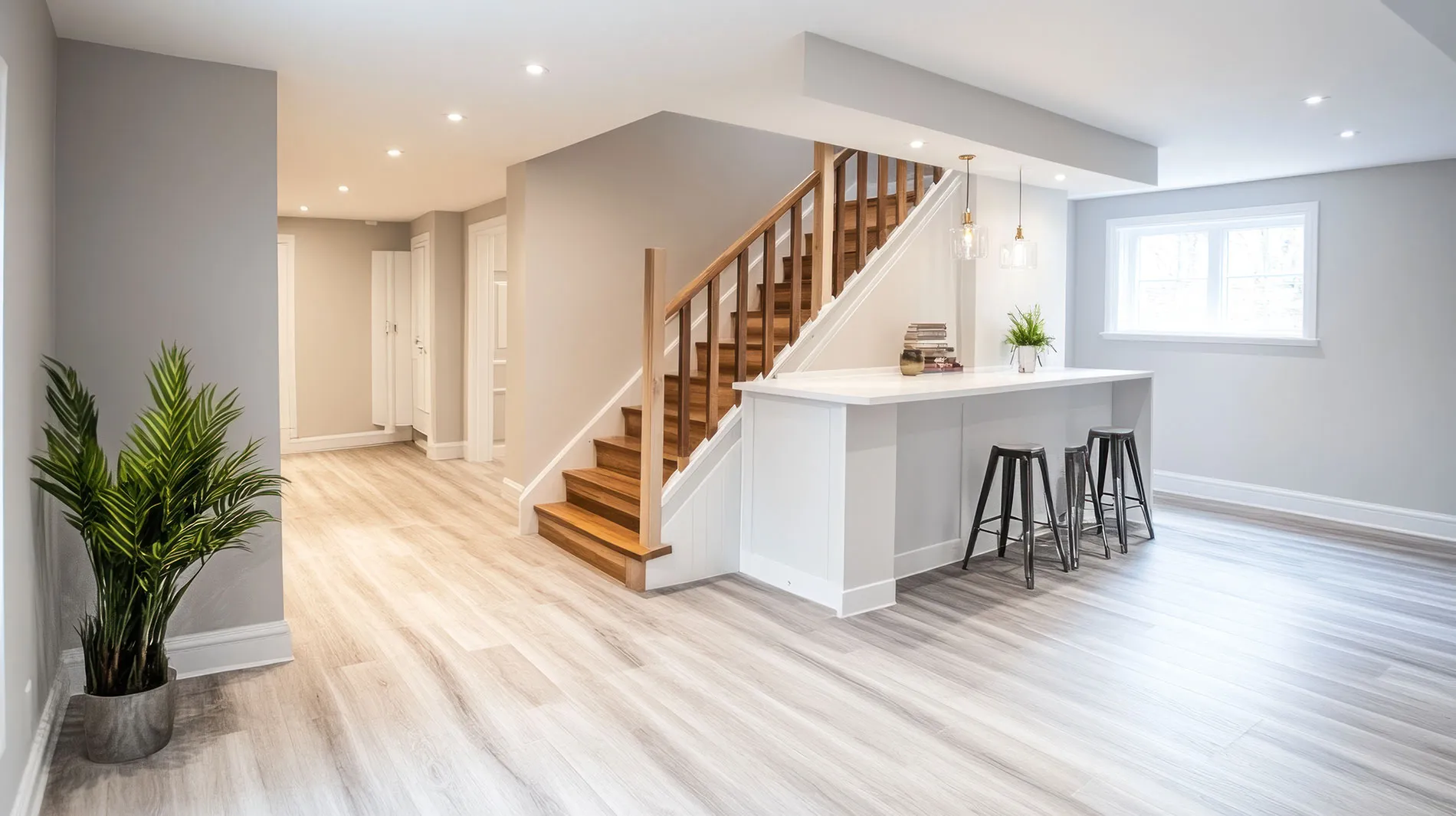 A kitchen and a living room with a staircase.
