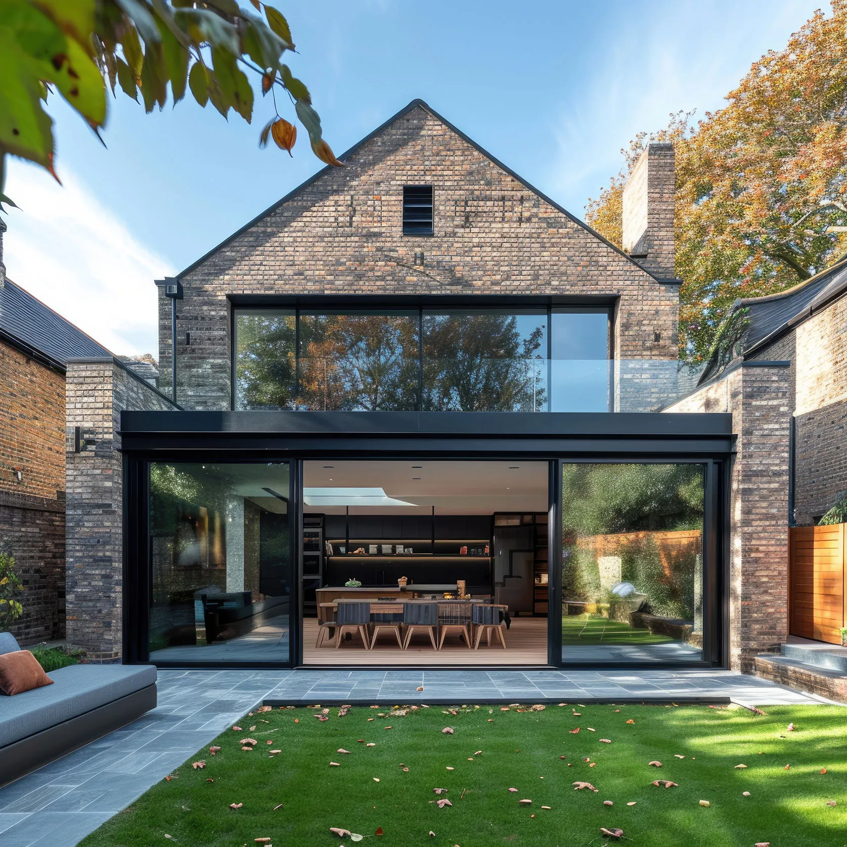 A modern house with a large lawn area.