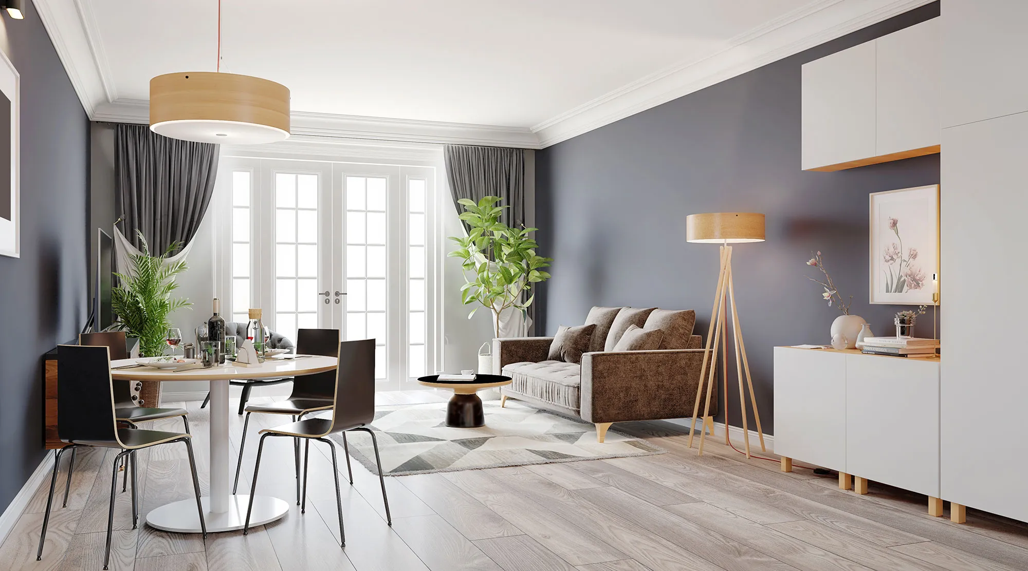 A living room filled with furniture and a table.