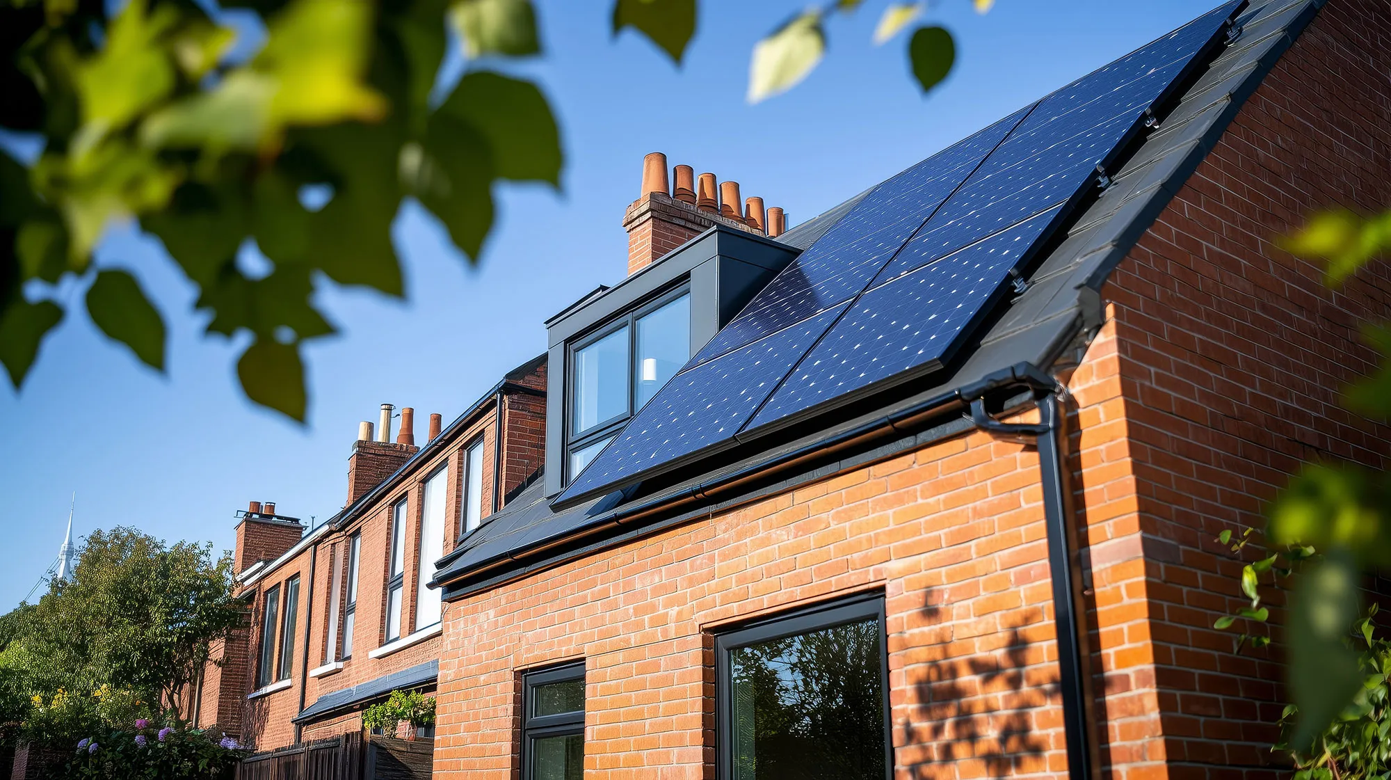 A house with a solar panel on the roof.